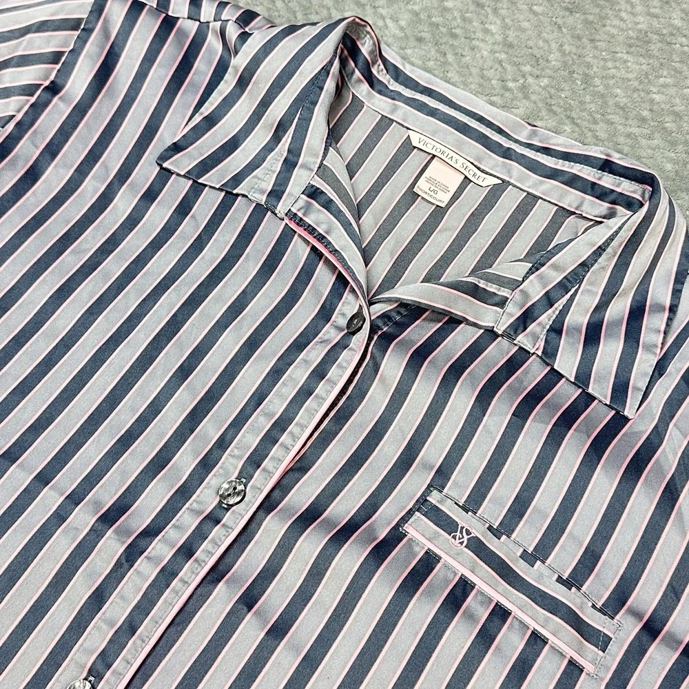 Victoria's‎ Secret Pajama Top Large Pink Satin Long Sleeve Button Up Pinstripe - Picture 5 of 10